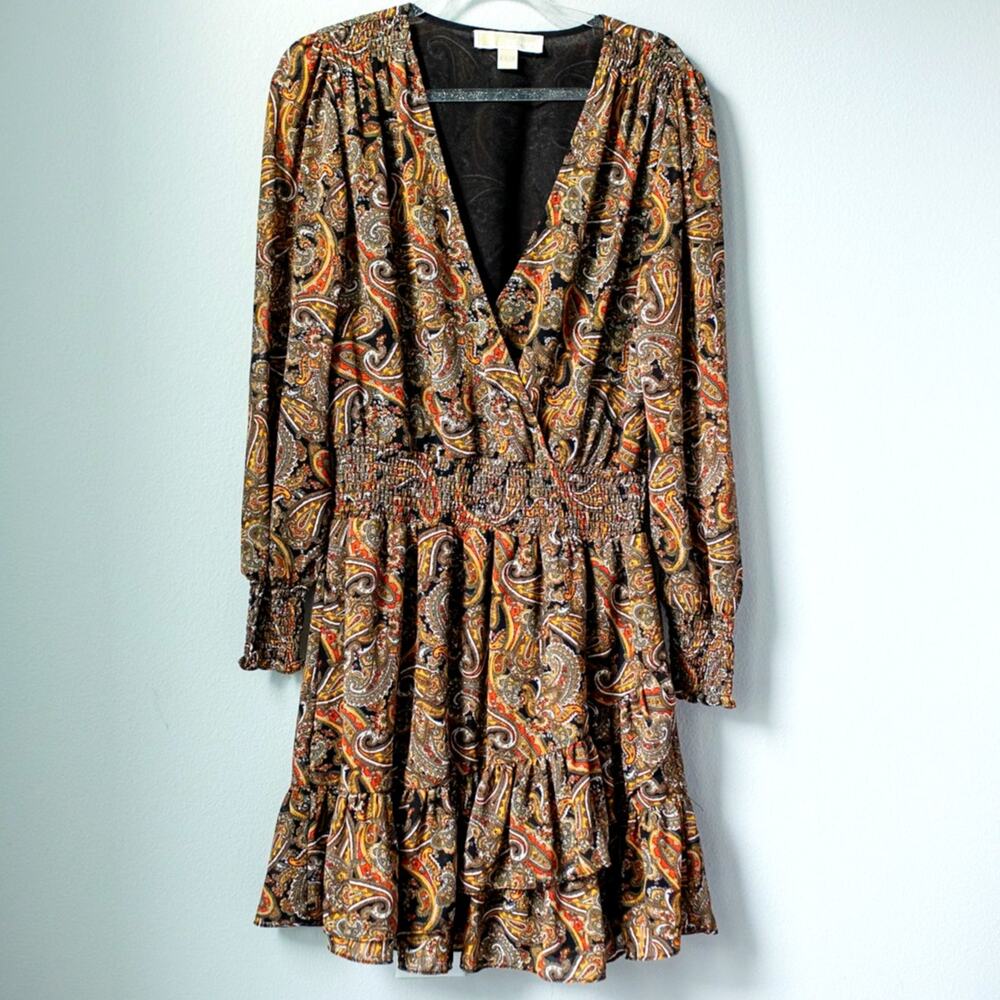 Michael Kors Paisley Boho Chic Smocked Tiered Mini Dress Western Cottagecore